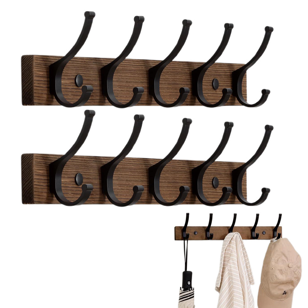 2X Wall Mounted Wooden Coat and Hat Rack 42 cm Rustic Style for Entryway Bedroom