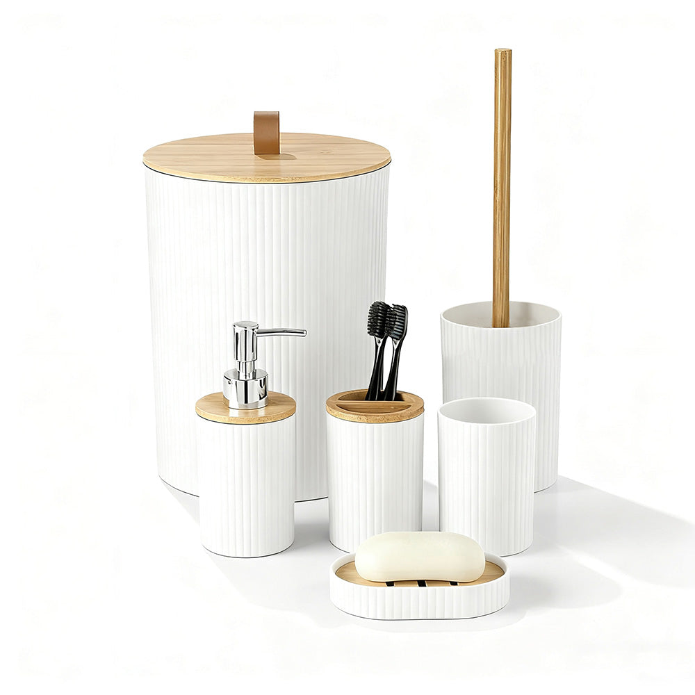 6 Pcs Bathroom Wash Set with Bamboo Lids and Plastic Body