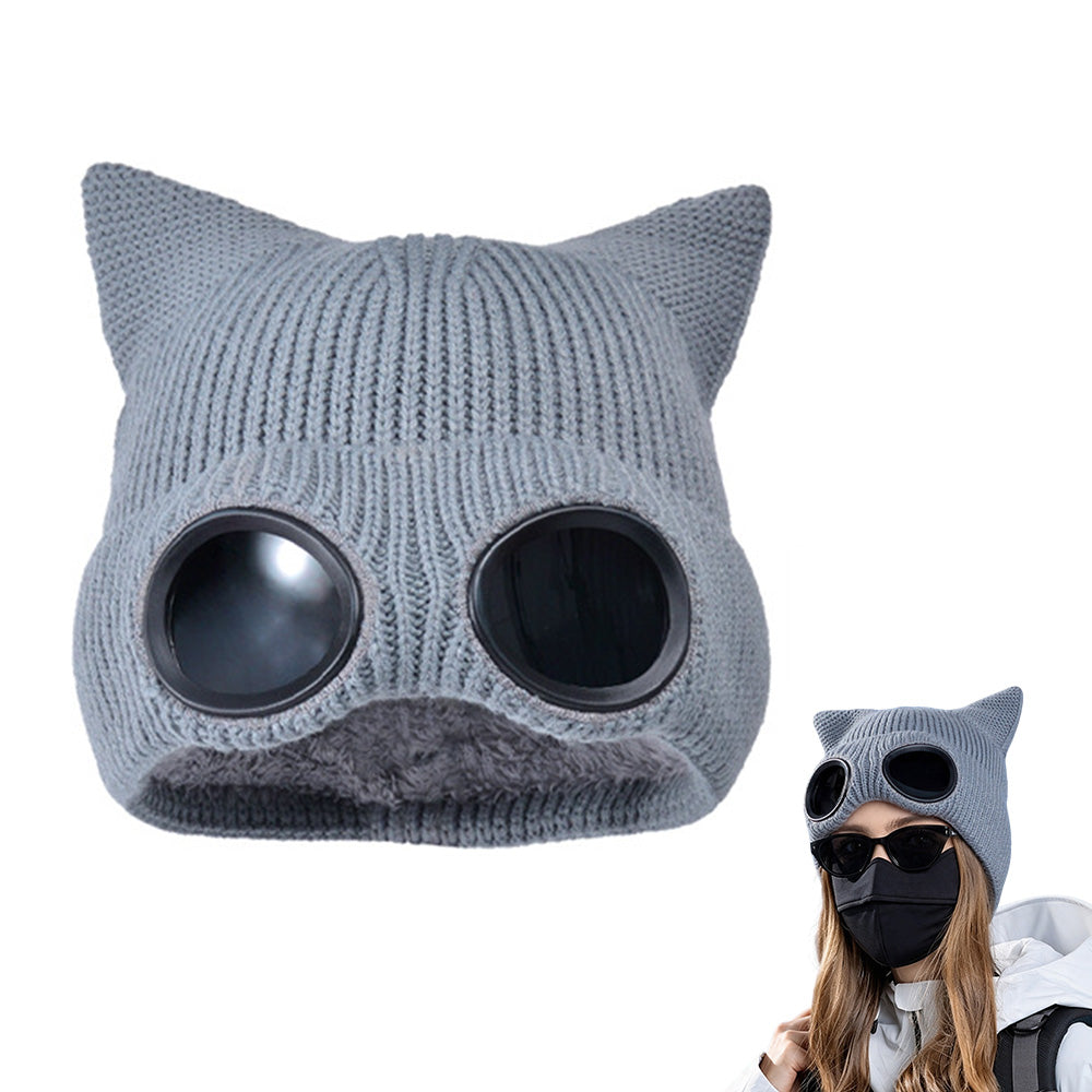 Double Layer Knit Winter Beanie with Goggles Cute Cat Ear Knit Beanie for Winter