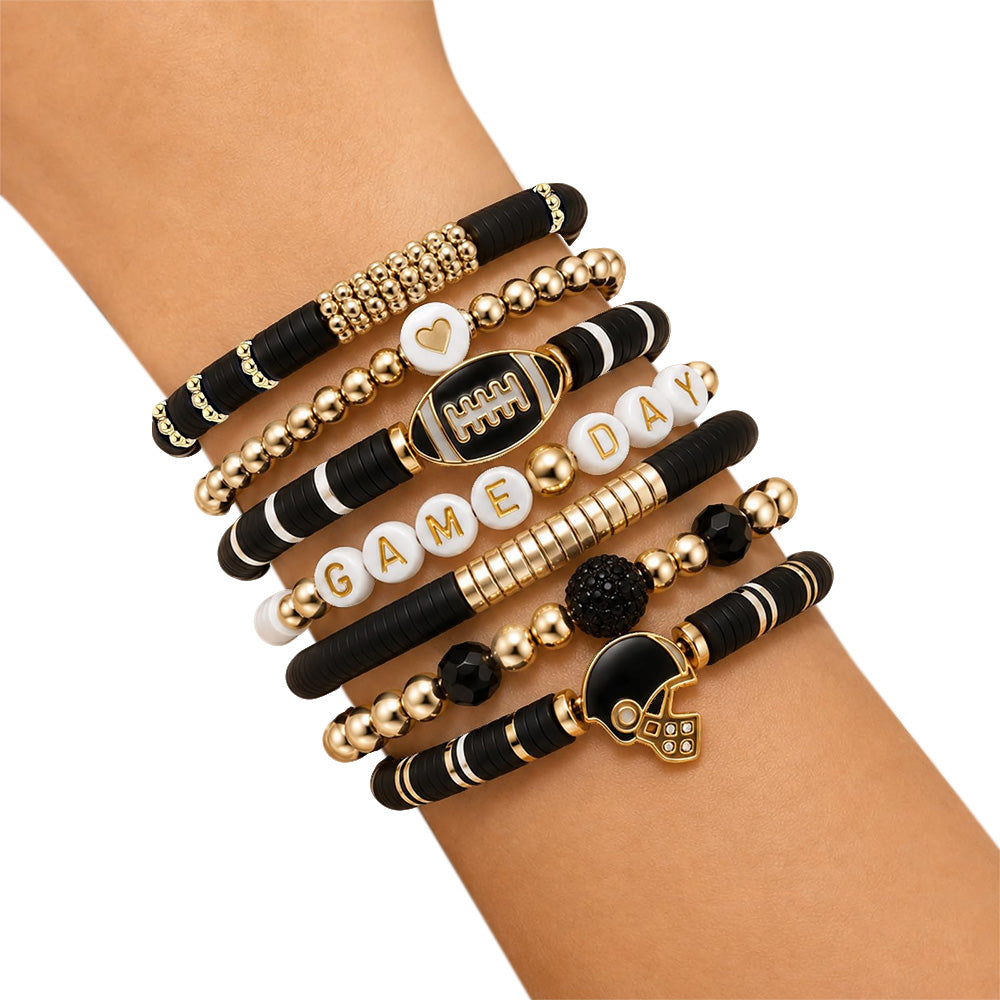 7 Piece Elastic Clay Bead Football Bracelet Stack Set