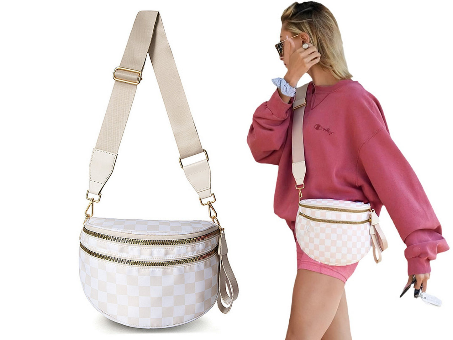 Checkered Crossbody Bag Belt Bag Bum Bag For Women Sling Bag With Shoulder Strap