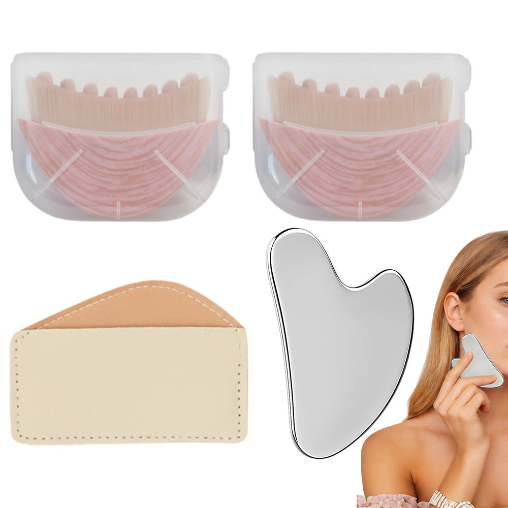 Stainless Steel Gua Sha Tool and  Face Brush Set -Pink