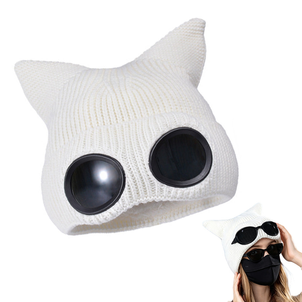 Double Layer Knit Winter Beanie with Goggles Cute Cat Ear Knit Beanie for Winter