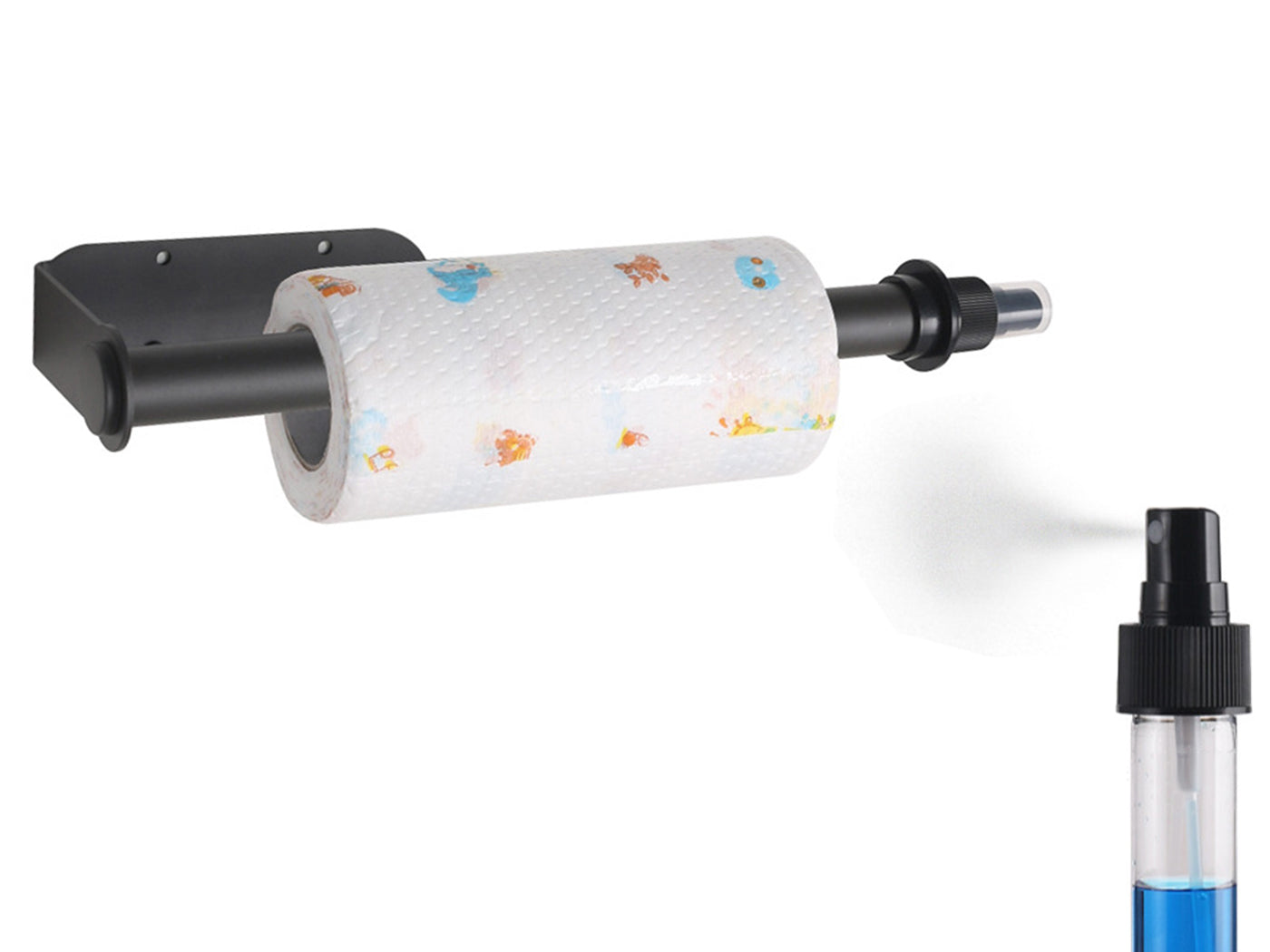 Paper Towel Holder with Spray Pump Hanging Wall Mount Papertowels Roller Sprayer
