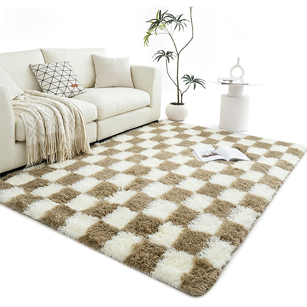 Soft Plush Shaggy Rug Checkered Thickened Non Slip Carpet for Living Room Bedroom