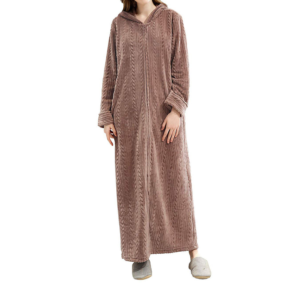 Unisex Long Hooded Zipper Bathrobe Fleece Robes Winter Warm Nightgown Sleepwear Pyjamas-Coffee