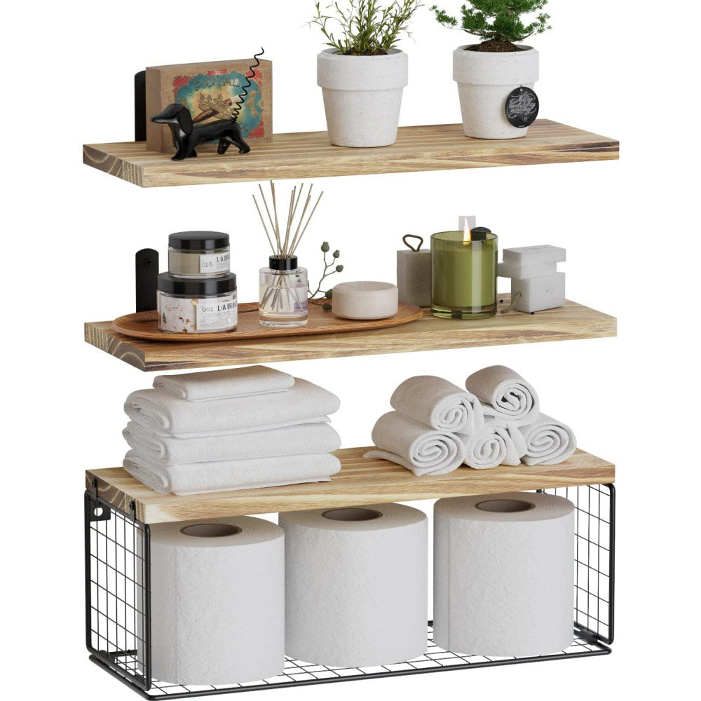 3 Piece Engineered Wood Wall Shelves with Metal Storage Basket