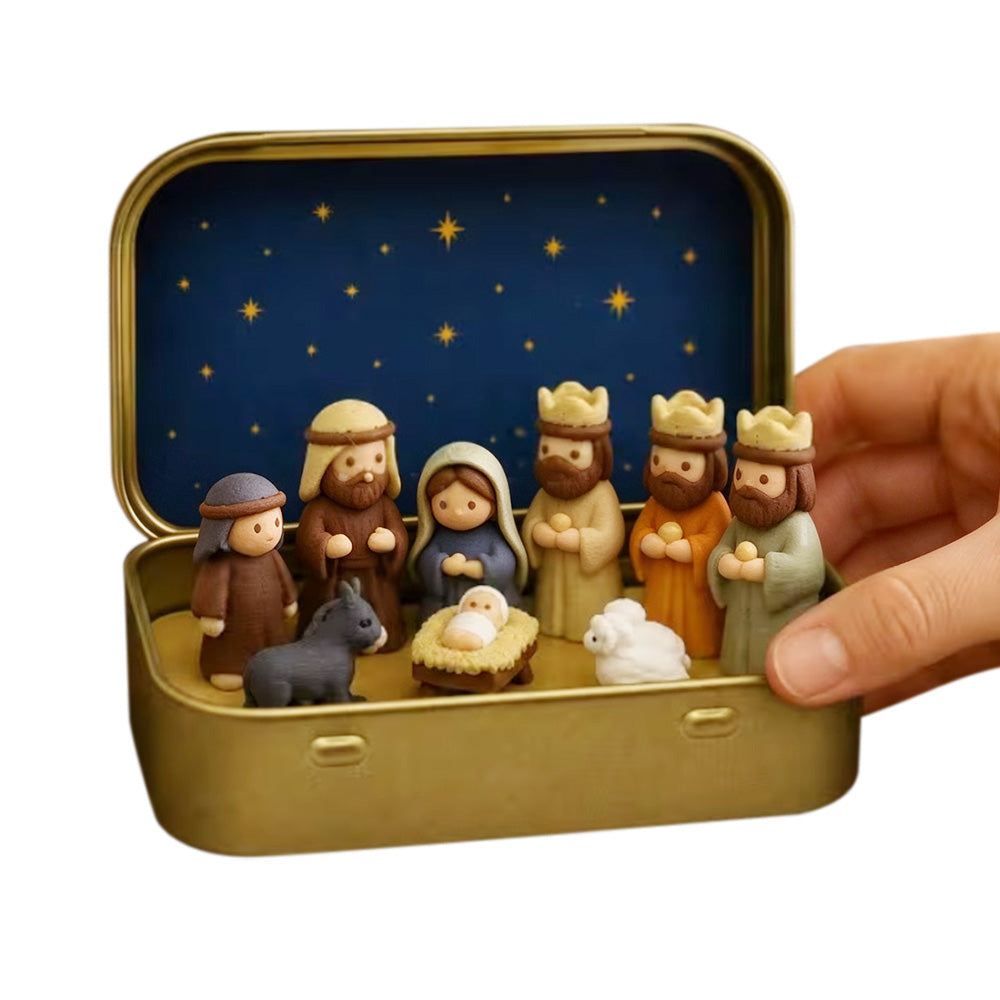 9 Pcs Nativity Scene Mini Figurines with Metal Storage Display Box
