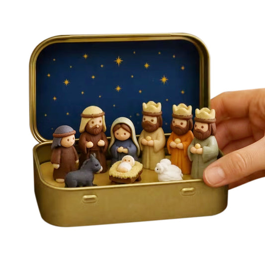 9 Pcs Nativity Scene Mini Figurines with Metal Storage Display Box