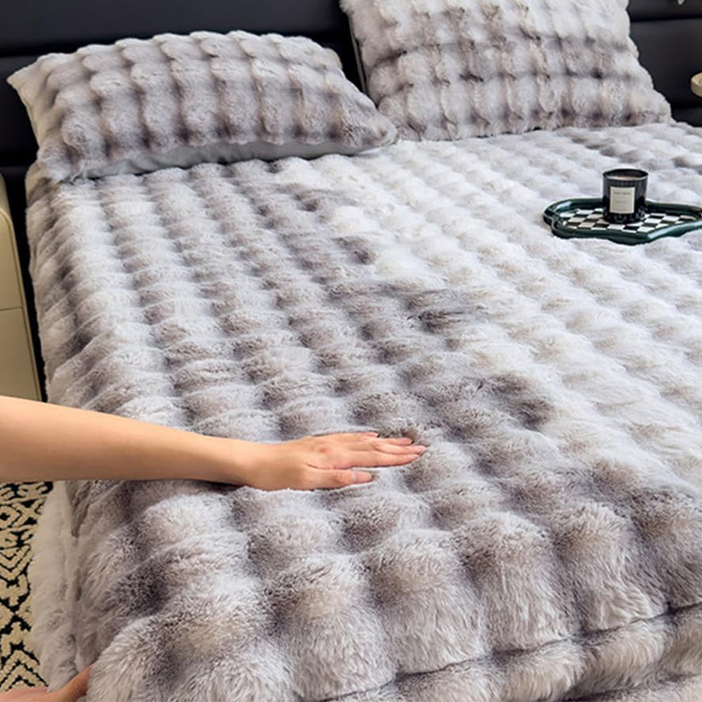 Faux Fur Fitted Sheet with Pillowcases-Grey