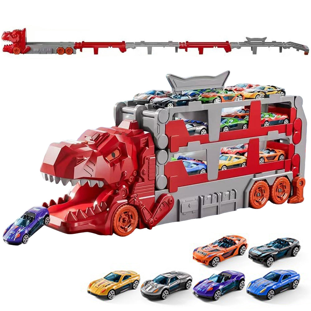 Foldable Dinosaur Truck with Dual Tracks and 6 Small Cars for Home Outdoors