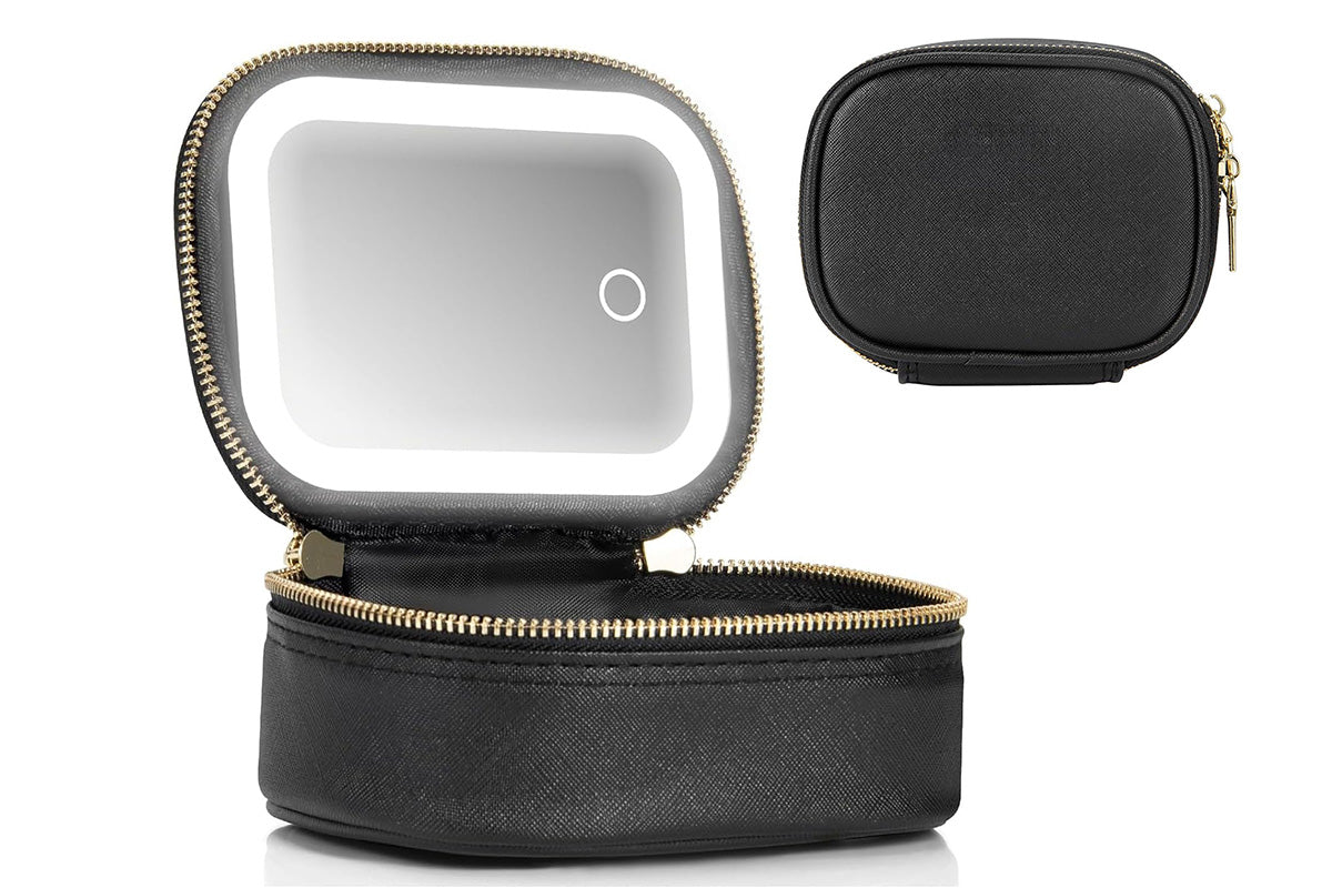 PU Leather Makeup Case Lighted Mirror LED Travel Cosmetic Organizer