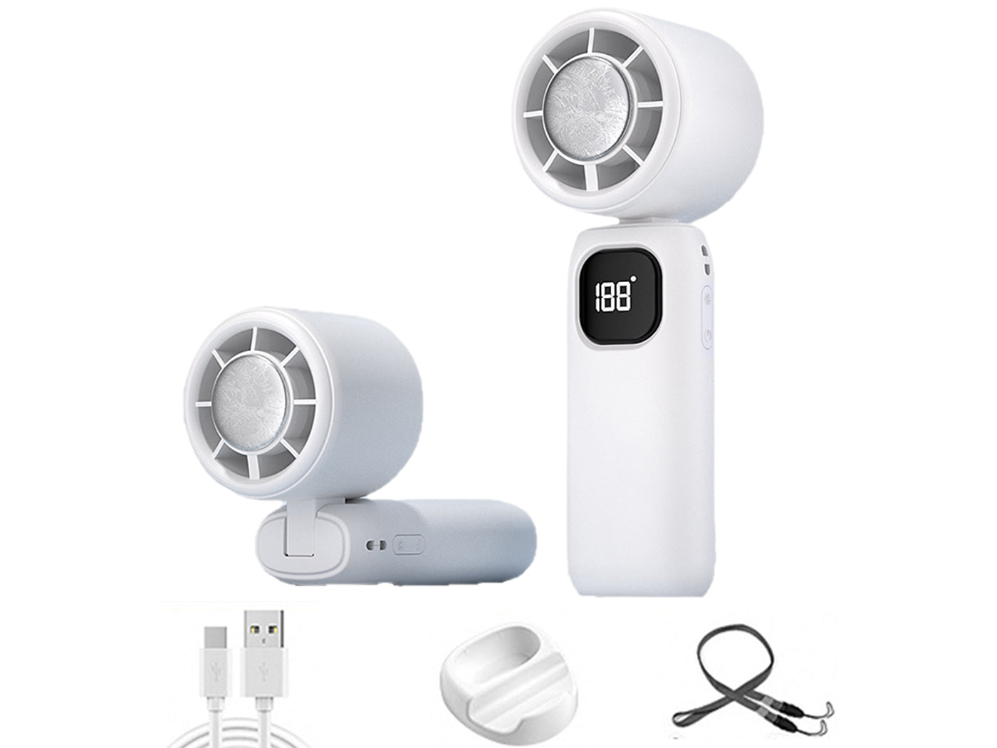 100 Speeds Digital Display Cooling Fan USB Fan with Lanyard and Phone Holder Base