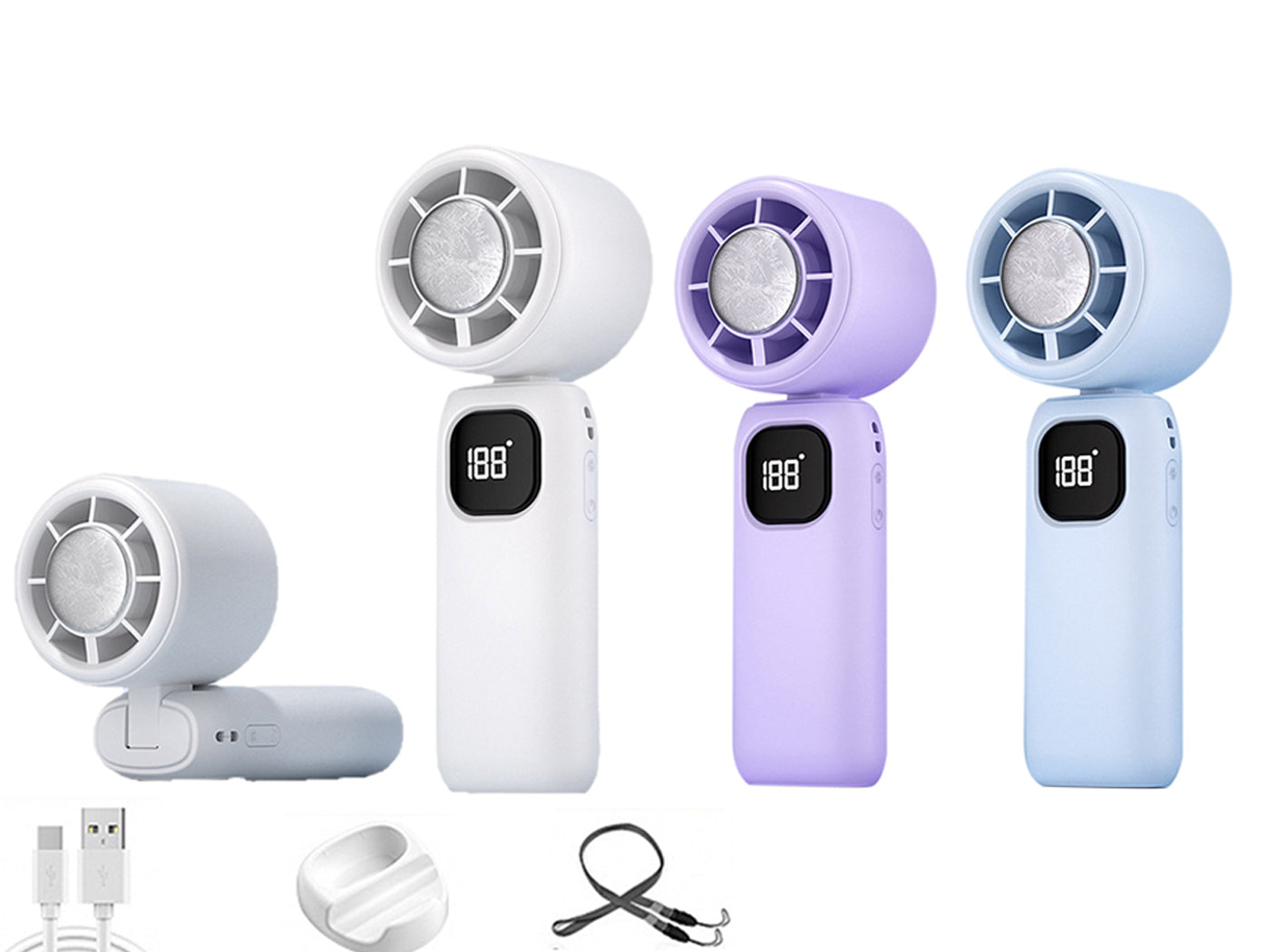 100 Speeds Digital Display Cooling Fan USB Fan with Lanyard and Phone Holder Base