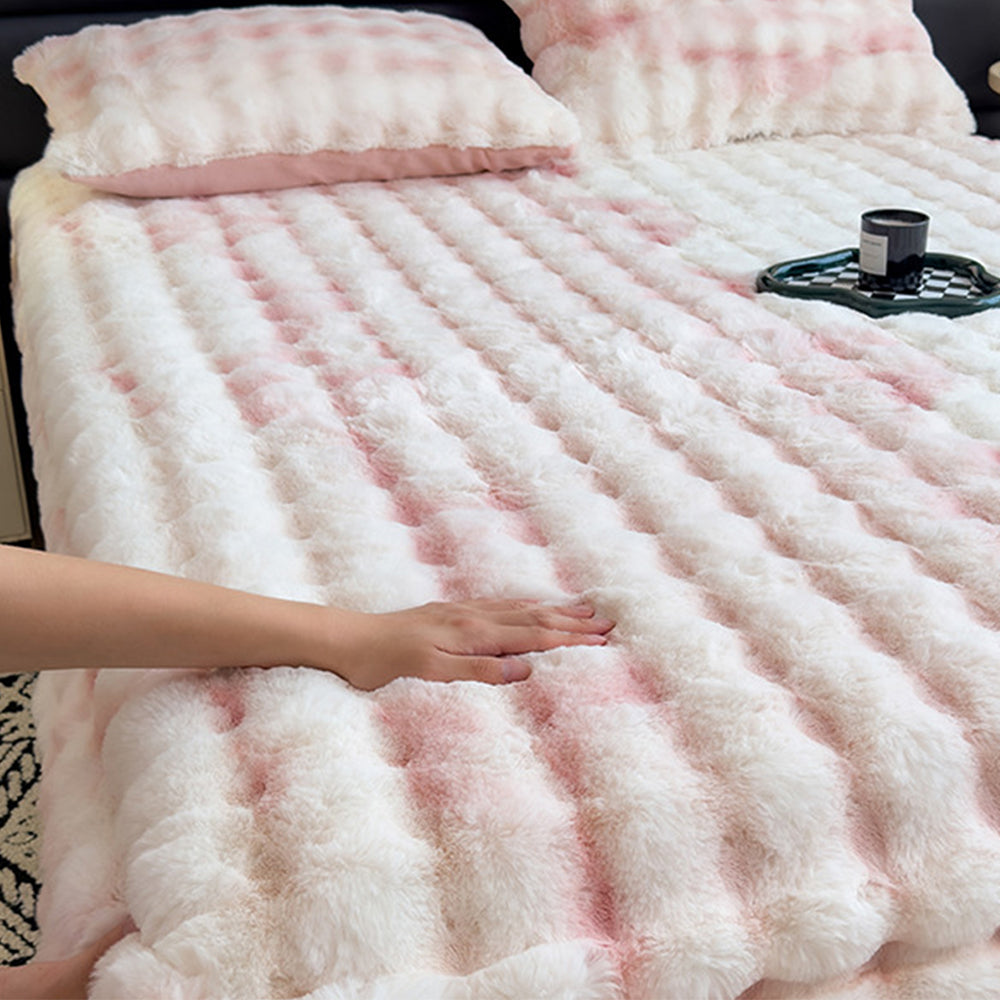 Faux Fur Fitted Sheet with Pillowcases-Pink