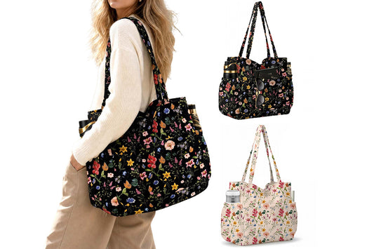 Corduroy Tote Bag with Side Water Bottle Pockets Large Shoulder Bag Casual Handbag