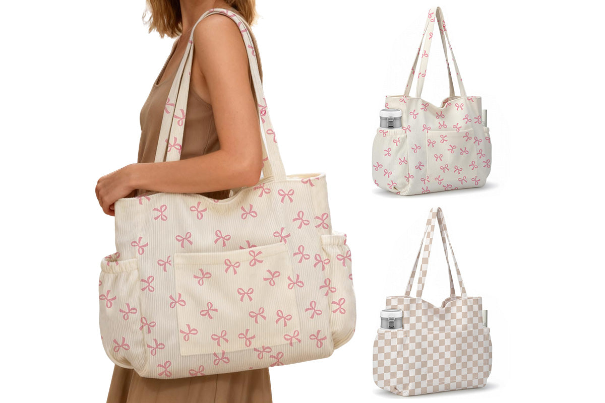 Corduroy Tote Bag with Side Water Bottle Pockets Large Shoulder Bag Casual Handbag
