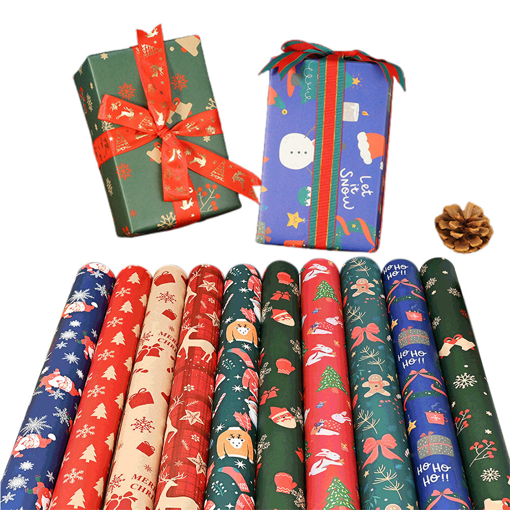 10Pcs Christmas Wrapping Paper Christmas Present Wrap Rolls Cute Traditional Xmas Wrap Paper