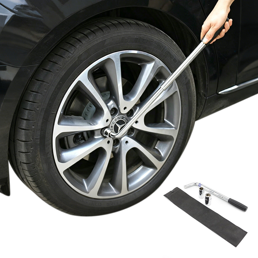 Telescopic Car Wheel Brace with 2 Sockets L Shaped Universal Wheel Wrench for Tire Removal