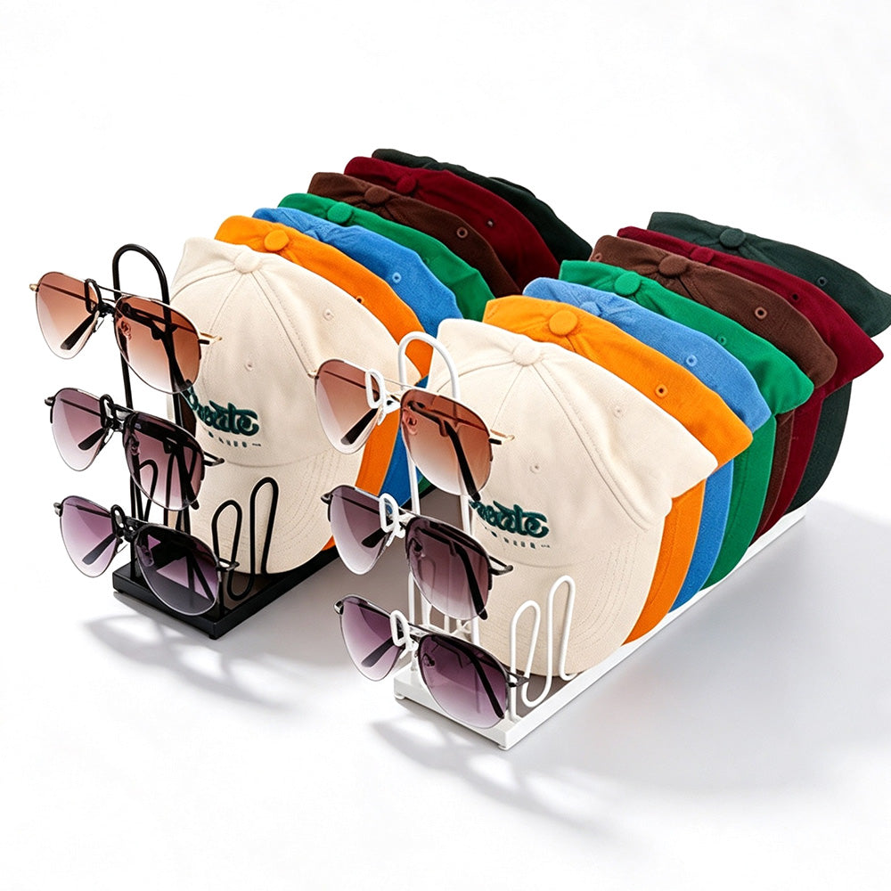 2 Pack Metal Hat Organizer Racks for 8 Caps and 3 Glasses Each