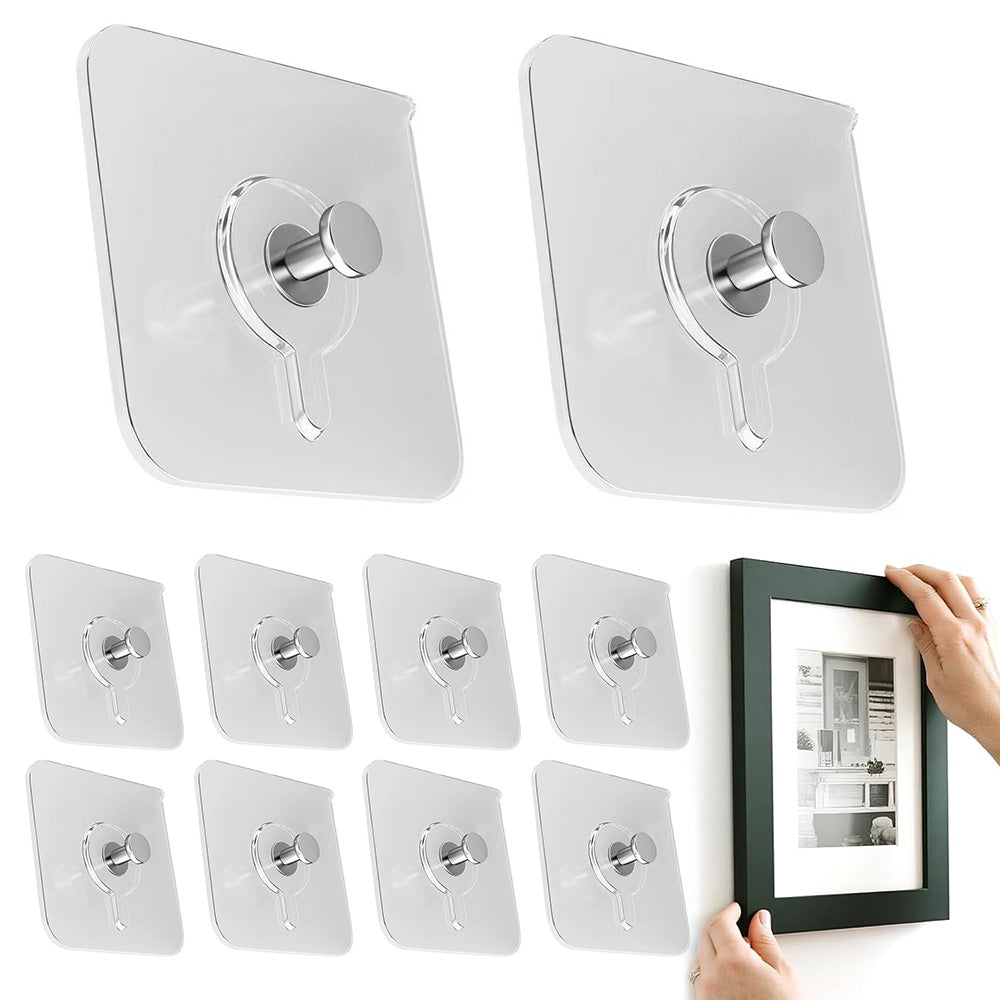 10 Pcs Self-Adhesive Wall Hooks No-Drill Invisible Picture Hangers for Frames