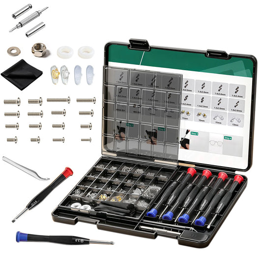 Multi Piece Eyeglass Repair Kit with Screws Nose Pads and Tools