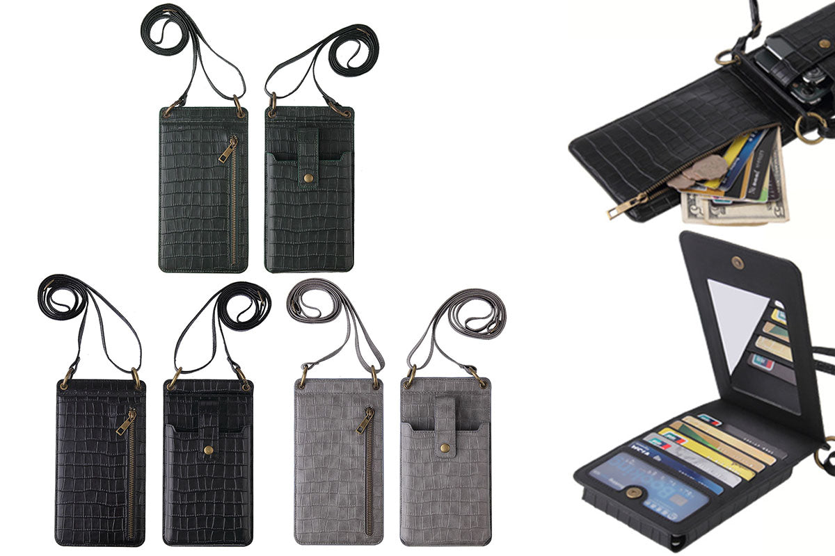 3-in-1 Wallet Card Holder PU Leather Crossbody Phone Bag Phone Purse with Mirror