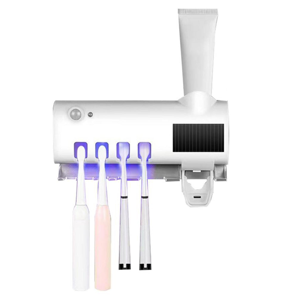 Toothbrush Holder UV Light Sterilizer Solar Powered USB Automatic Toothpaste Dispenser with 4 Toothbrush Slots
