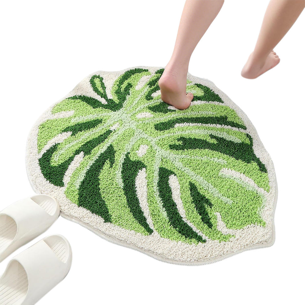 Faux Sherpa Bathroom Mat Monstera Leaf Design Non Slip Washable Rug for Bathroom Floor