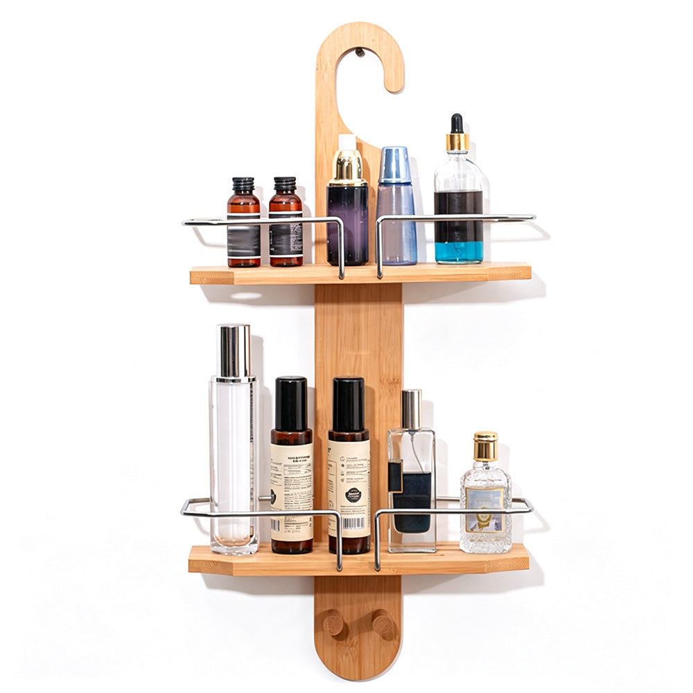 2 Tier Bamboo Shower Caddy with Drain Holes Hanging Organizer for Bathroom