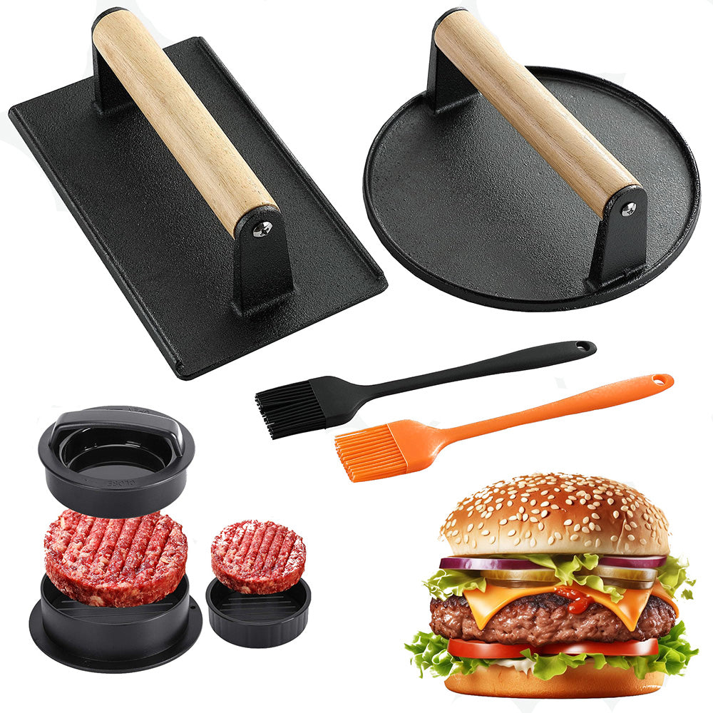 Smash Burger Press Kit With Stuffed Mold And Cast Iron Burger Press And Sauce Brush