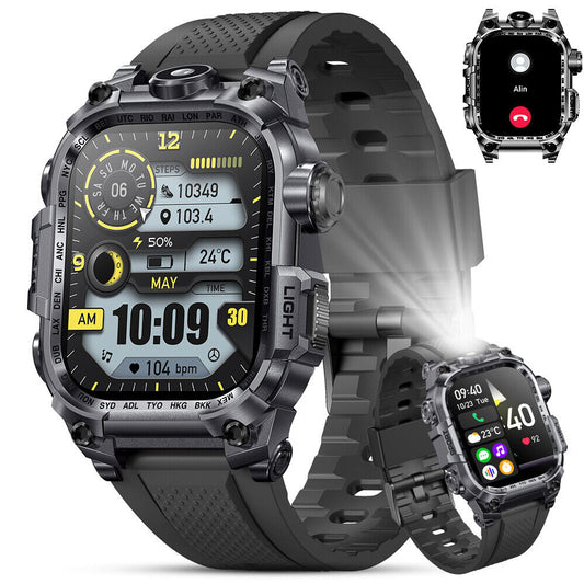 Smart Watch with LED Flashlight for Men Call Heart Rate Water-Resistant Sport Smartwatch