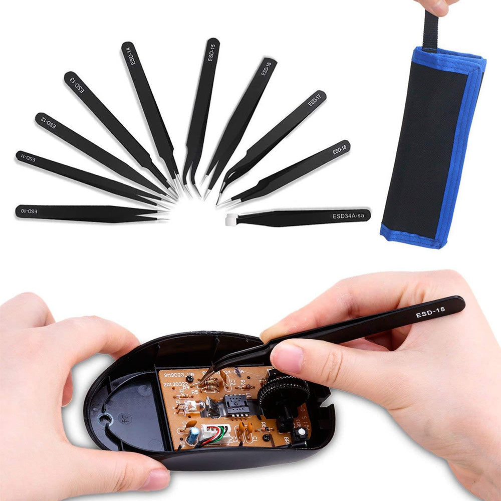 10 Piece Precision Tweezers Set with Bag Stainless Steel Anti Static Tweezers Repair Tool Kit for Electronics