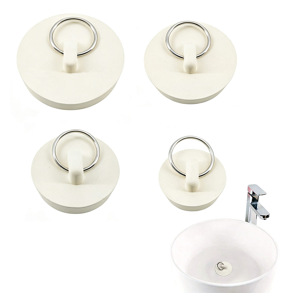 4 Universal Plastic Sink Stoppers with Metal Pull Rings for Basins and Bathtubs