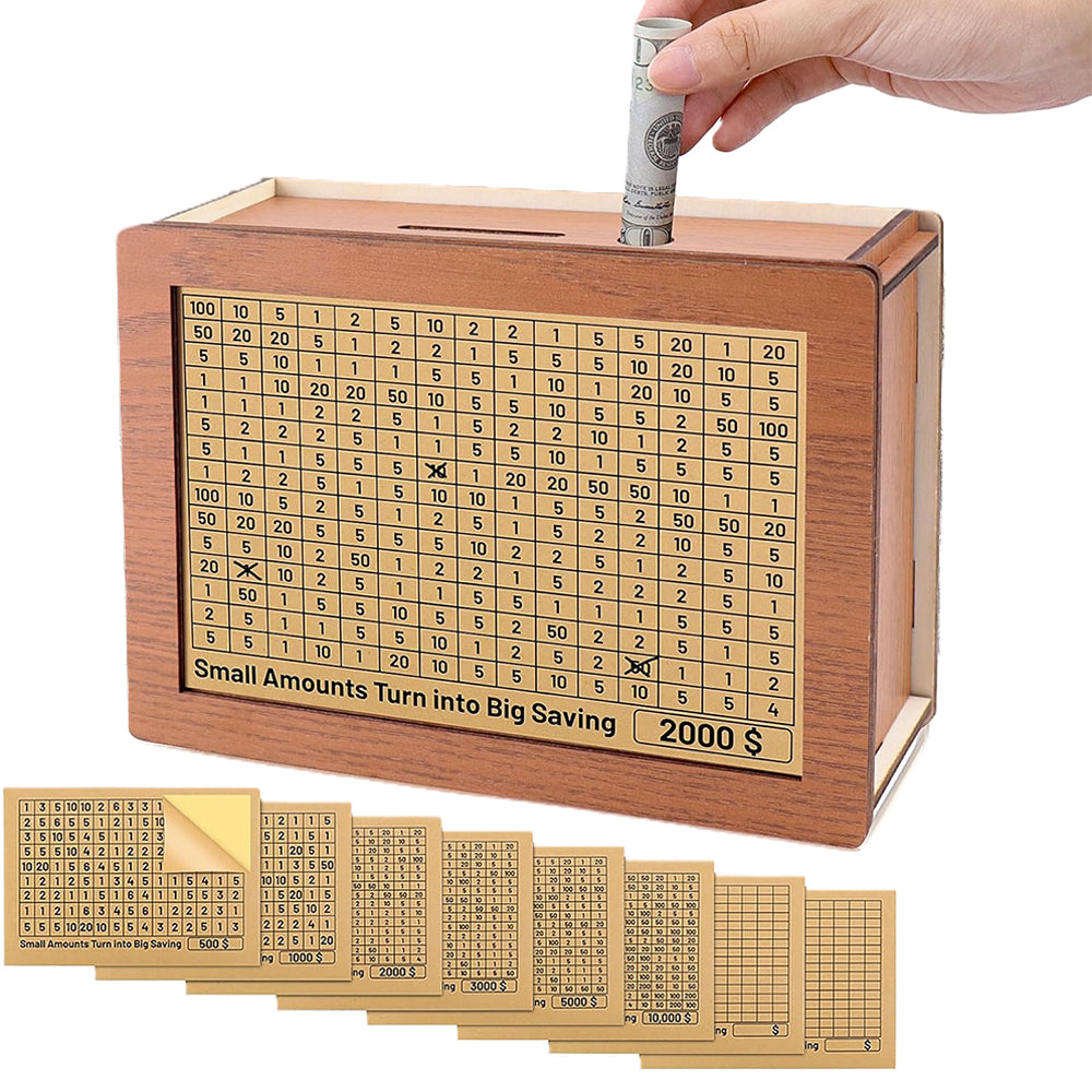 Wooden Money Savings Box Saving Challenge Box with 8 Replaced Amounts Stickers