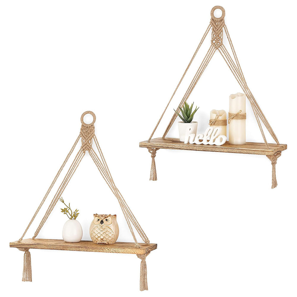2X42x14cm Bohemian Macrame Rope Wall Display Shelf with Tassels