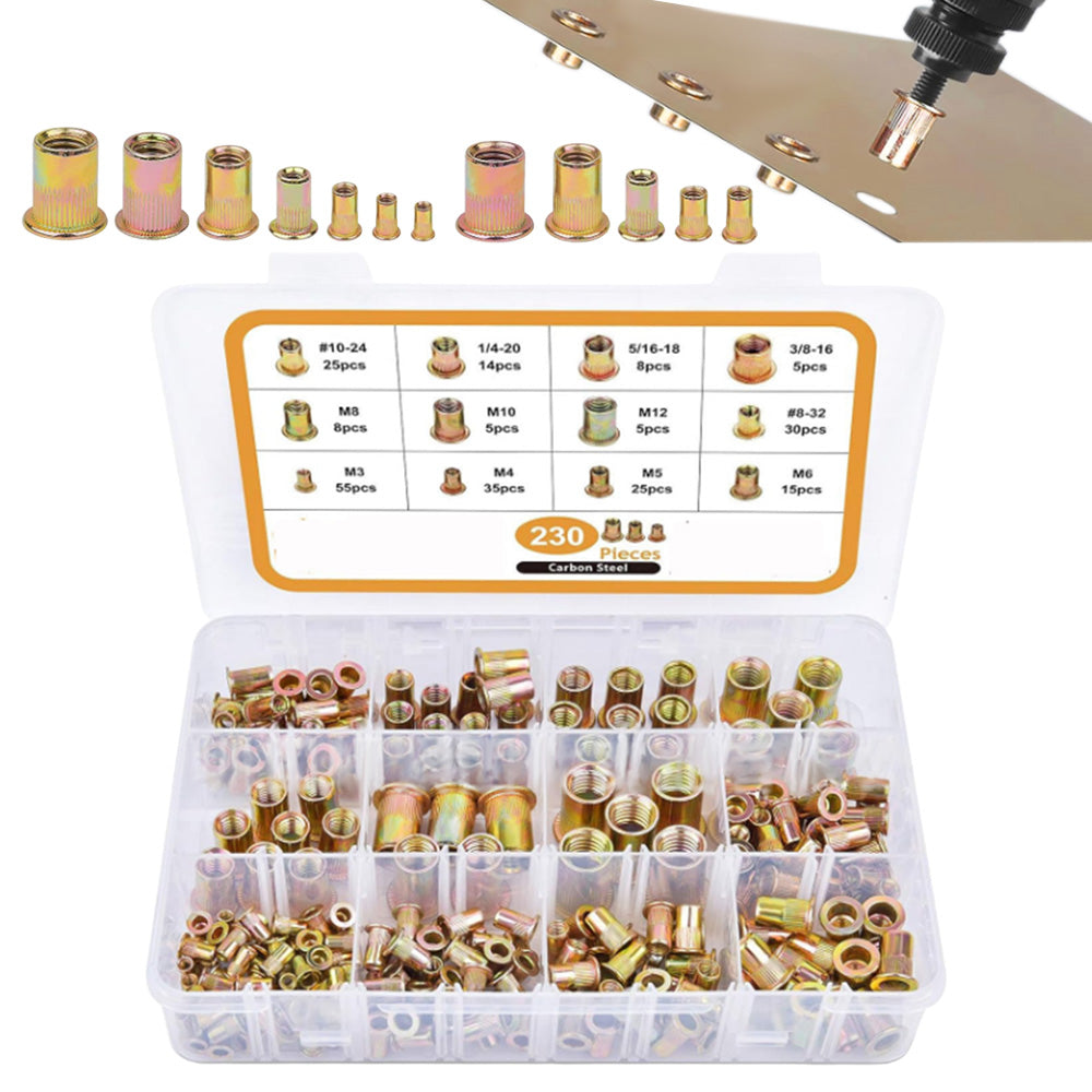 230pcs Rivet Nut Kit Rivnut Zinc Plated Flat Head Insert Nut Assort