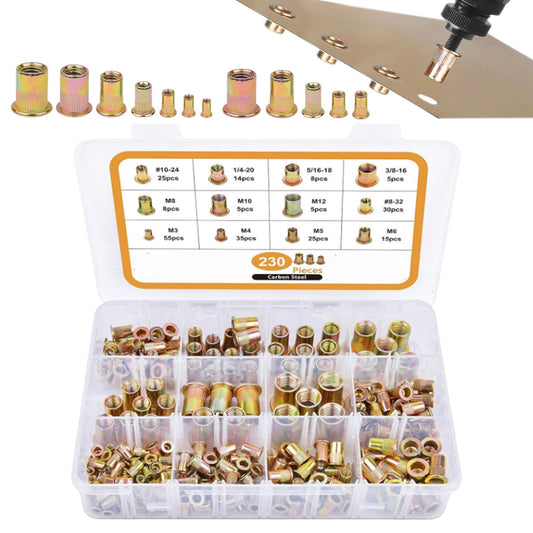 230pcs Rivet Nut Kit Rivnut Zinc Plated Flat Head Insert Nut Assort