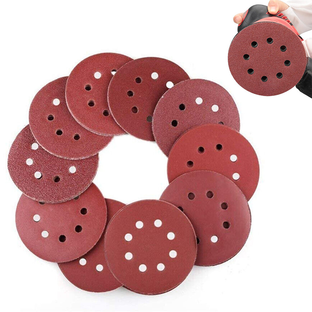 100Pcs 5-Inch 8-Hole Sanding Discs with Hook and Loop Backing for Random Orbital Sander