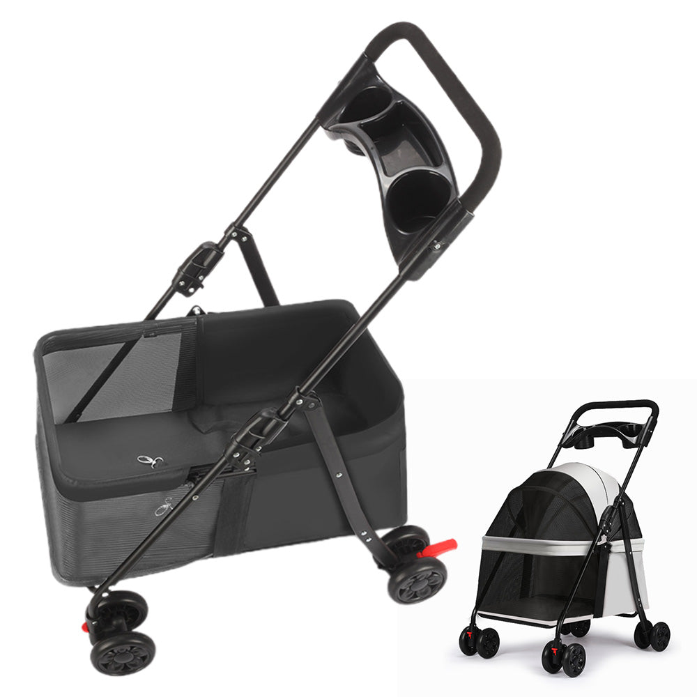 Pet Stroller Cat Small Dog Cage Stroller Travel Folding Carrier Pushchair with Breathable Mesh Cup Holder