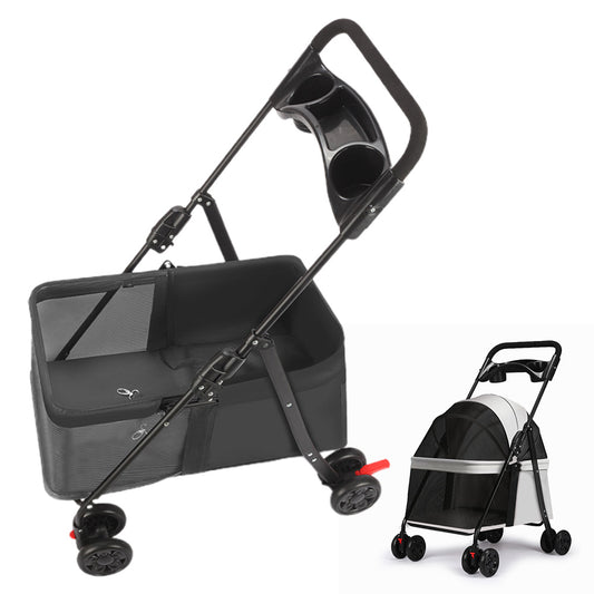 Pet Stroller Cat Small Dog Cage Stroller Travel Folding Carrier Pushchair with Breathable Mesh Cup Holder