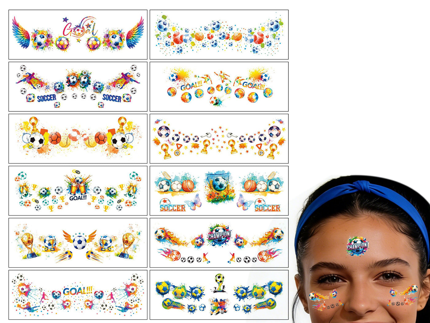 12 Sheets Colorful Football Themed Stickers Soccer Themed Tattoos for World Cup