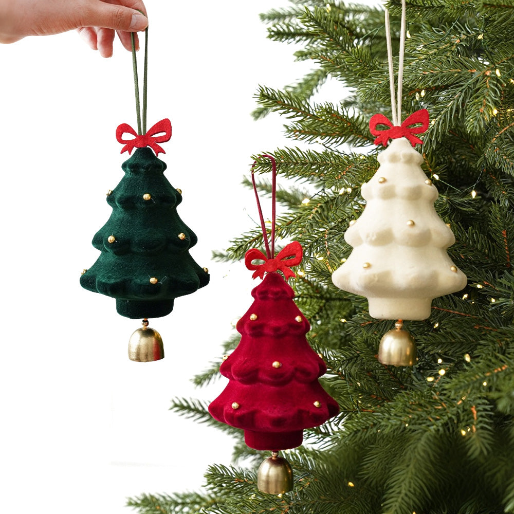 3PCS Flocked Christmas Tree Hanging Ornaments with Bell Pendants