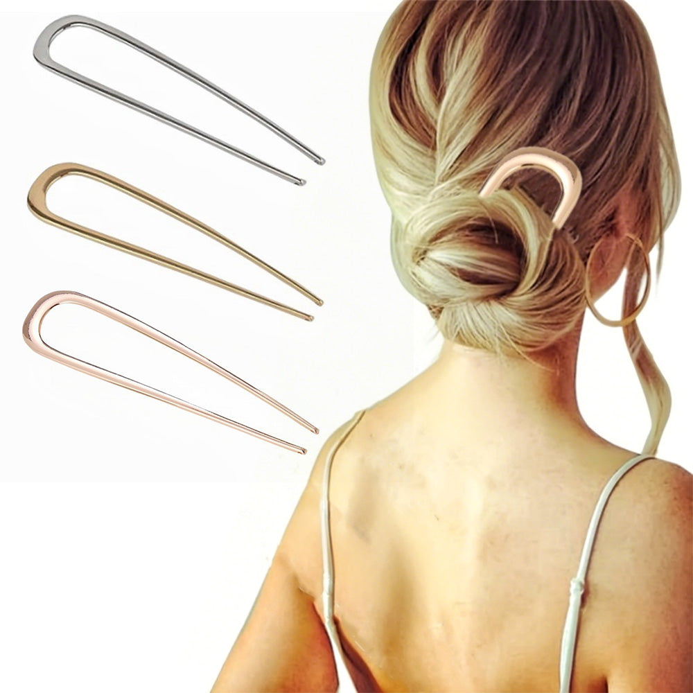 3Pc U-Shaped Double Prong Hair Pins Metal Hair Forks for Women Updos and Buns