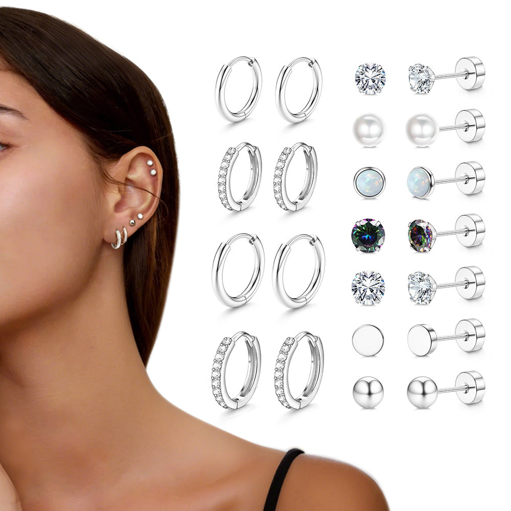 11Pairs Hypoallergenic Stud Hoop Earrings for Women Trendy Silver Hoops Cartilage Earring Stacks Set