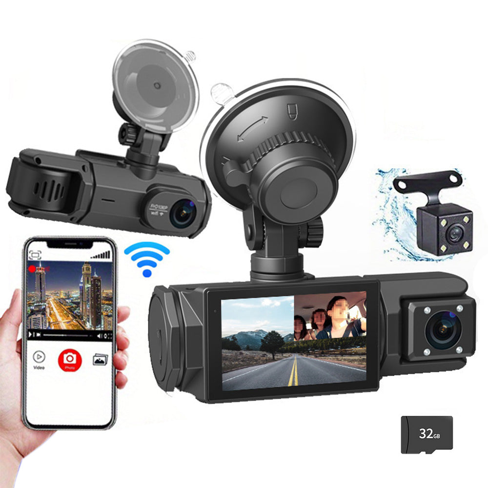 3 Channel Dash Cam Front and Rear Car Dash Camera With Motion Detection
