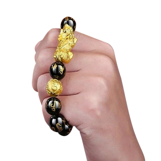 Feng Shui 12mm Black Mantra Beads Pi Xiu Bracelets for Women Men Attract Wealth and Good Luck