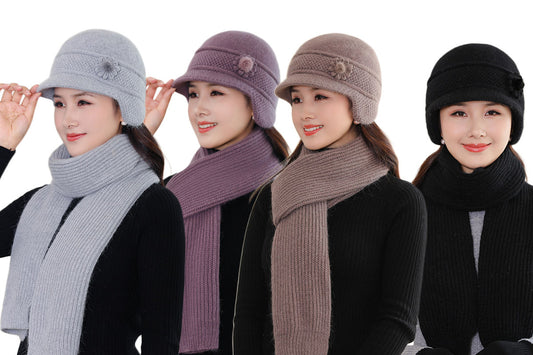 Winter Warm Earflap Hat Scarf Set for Elderly & Middle-Aged Ladies Women