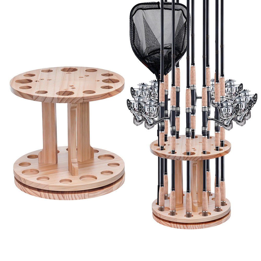 360 Degree Rotating Engineered Wood Floor Fishing Rod Rack Holds 12 Rods