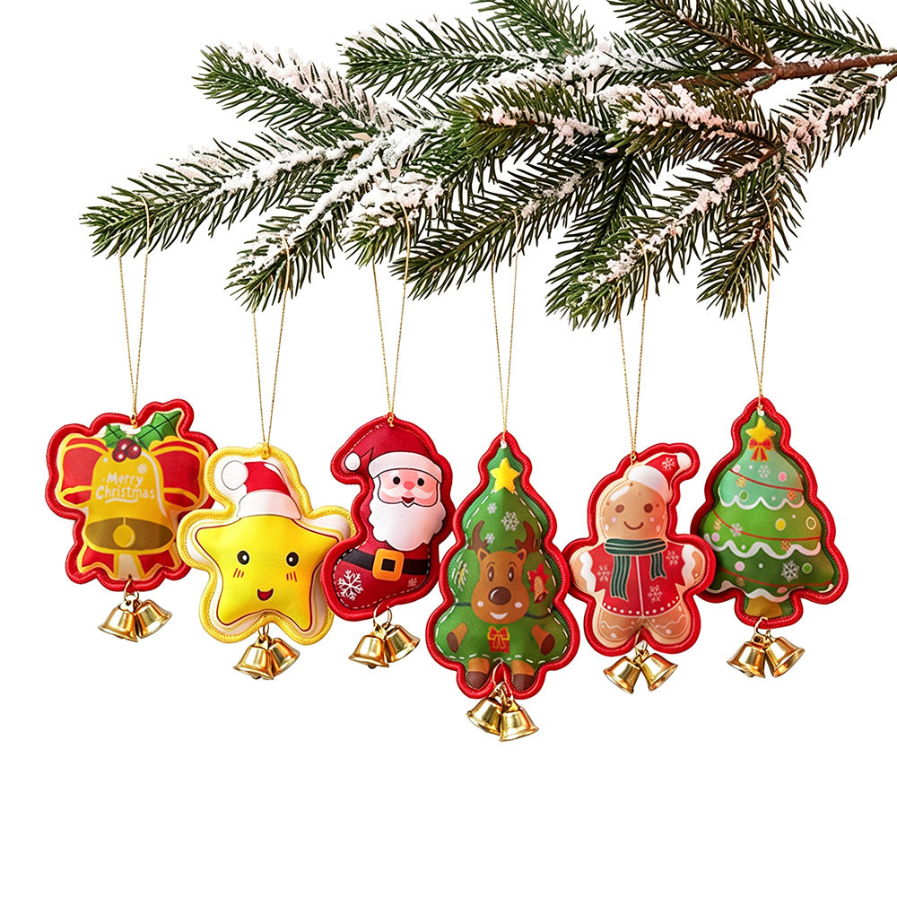 6 PCS Embroidered Padded Christmas Ornaments with Metal Jingle Bells